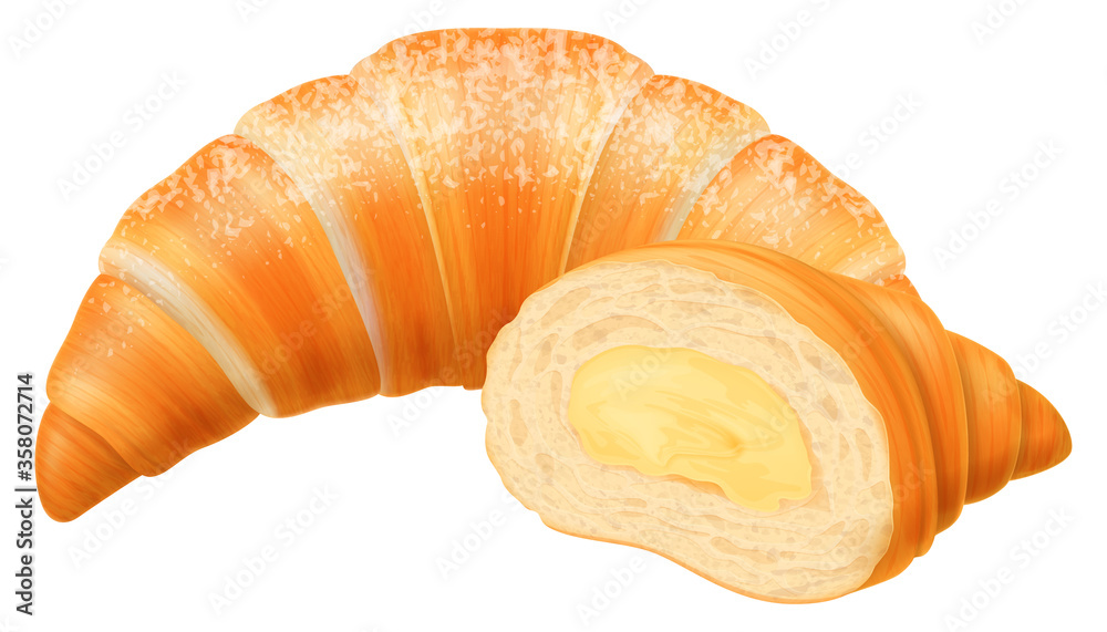 Freshly baked croissant with cream filling . Vector illustration.