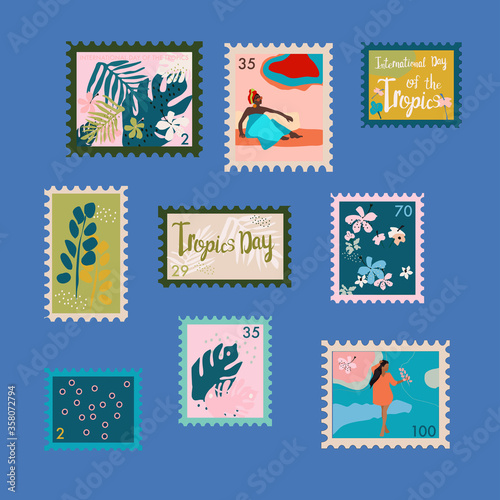 Set of trendy floral stamps. International day of the Tropics vector  postmarks.Tropical leaves, lotus flowers, indian girl in dress with lily and lettering.Mail and post office conceptual drawing