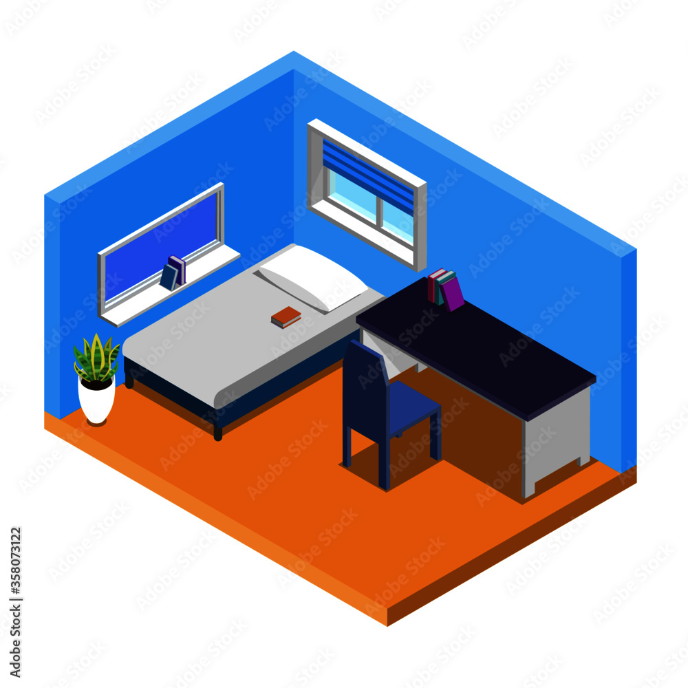 Isolated simple isometric illustration of a bedroom Isolated simple isometric illustration of a bedroom