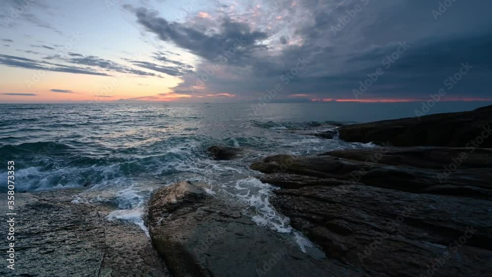 Summer morning at rocky beach. Video with beautiful morning view of the south rocky Black Sea coast, Bulgaria Summer morning at rocky beach. Video with beautiful morning view of the south rocky Black Sea coast, Bulgaria