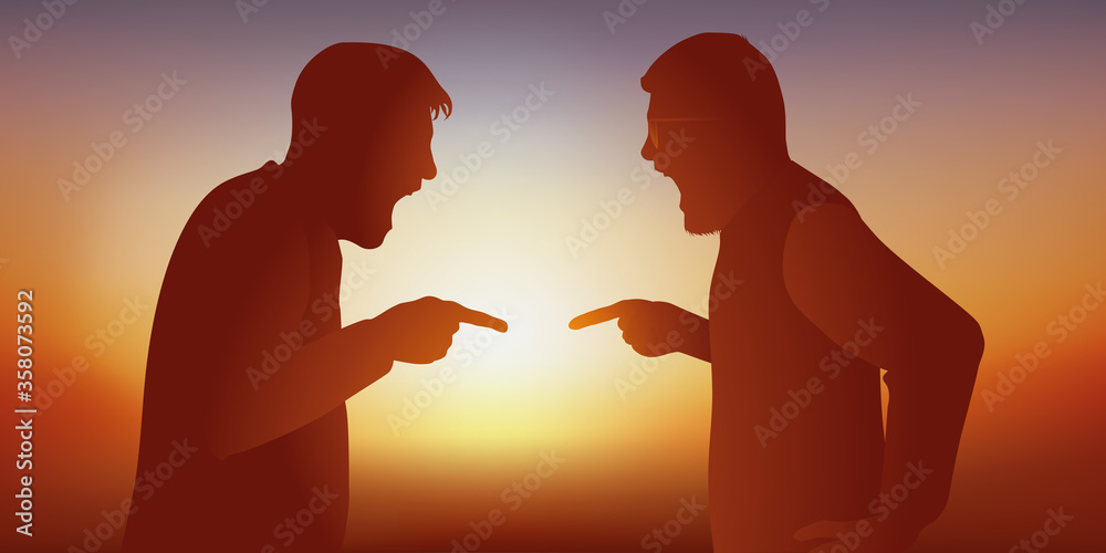 Concept de l’intolérance avec un désaccord qui se transforme en dispute entre deux hommes en colère, qui s’opposent sur un sujet de discorde.