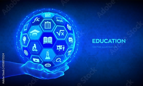 E-learning. Innovative online education technology concept. Webinar, teaching, online training courses. Skill development. Abstract 3D sphere with surface of hexagons with icons in hand. Vector.