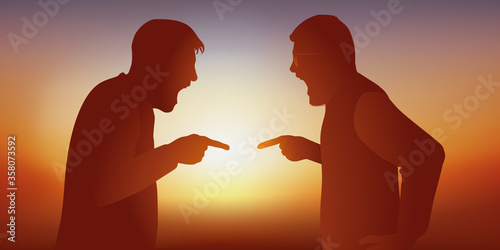 Concept de l’intolérance avec un désaccord qui se transforme en dispute entre deux hommes en colère, qui s’opposent sur un sujet de discorde. photo