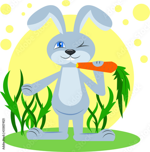 A beautiful bunny nibbles a carrot. Summer  design.