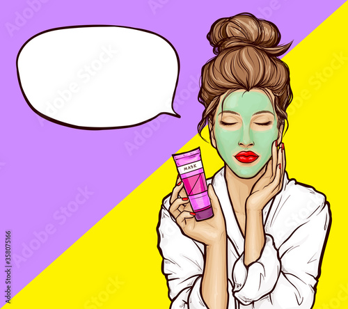 Pop art young woman with closed eyes in white bathrobe with green cosmetic mask on face and tube in hand, vector illustration on bright background. Girl relaxes, enjoys the spa, empty speech bubble.