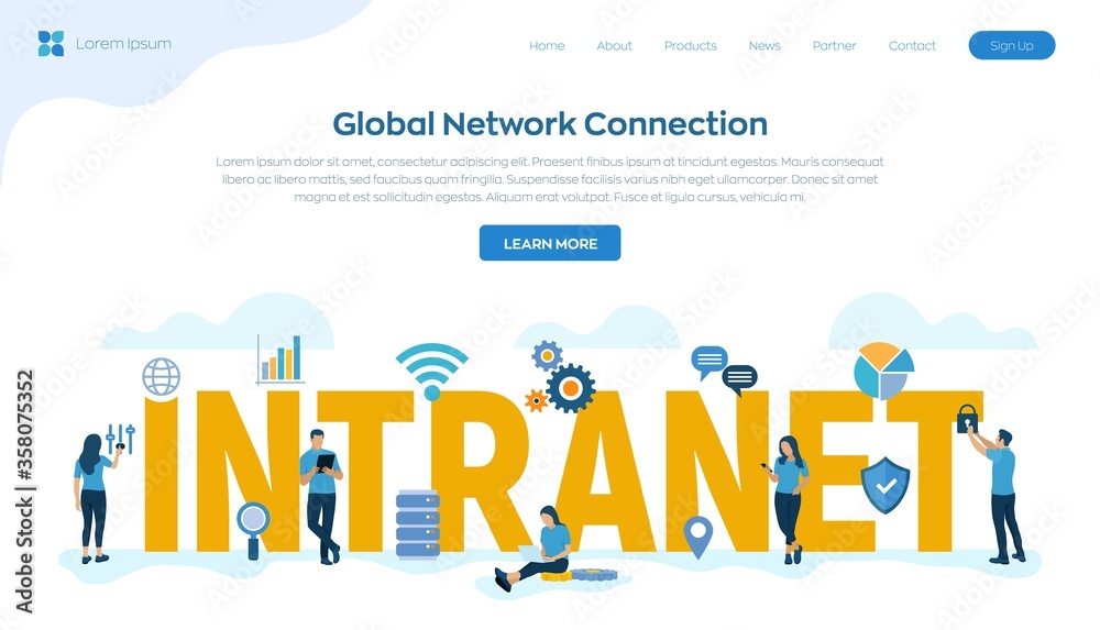 INTRANET. Global Network Connection Technology. Intranet Business Corporate communication document management system dms. Business team. Vector illustration with characters and icons.