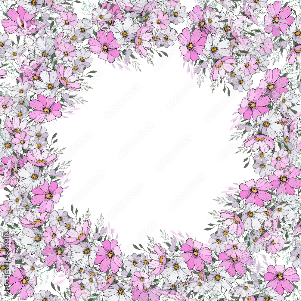 Floral frame with light pink and white cosmos flowers on white background. Copy space. Design for your wedding, birthday, saving the date card. For greeting card decoration. Vector illustration.
