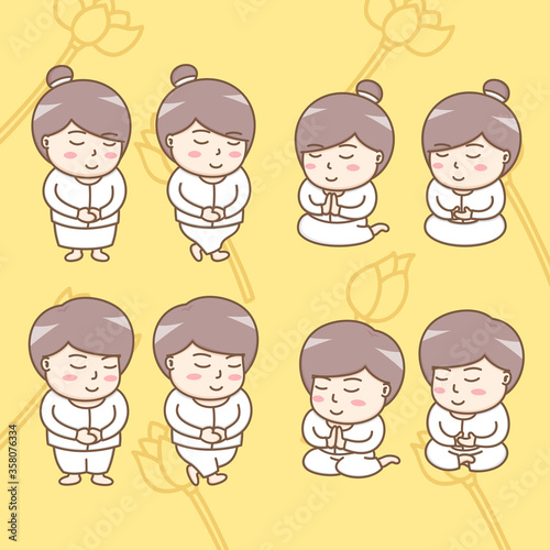 Design elements vector of cute Buddhist cartoon characters in action of spiritual practices for everyday life. Kawaii Buddhist cartoon characters design.