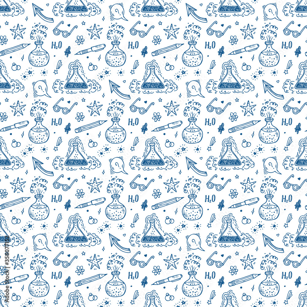 Endless Background with Education and science items. Hand Drawn Doodle Lab Chemistry flasks with bubbles and steam of chemical reaction - Vector Seamless Pattern Endless Background with Education and science items. Hand Drawn Doodle Lab Chemistry flasks with bubbles and steam of chemical reaction - Vector Seamless Pattern