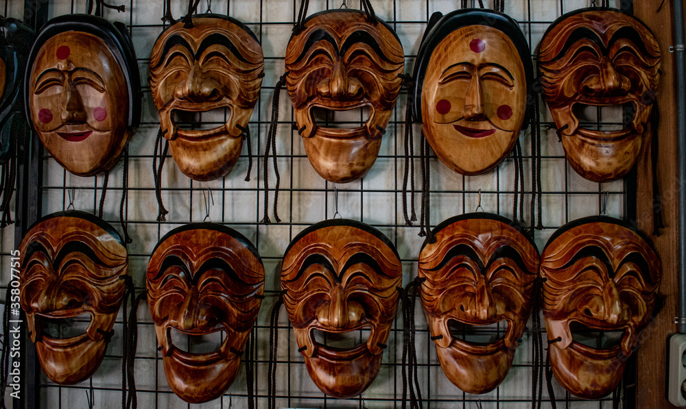 Traditional Korean masks on display in Andong, South Korea. 