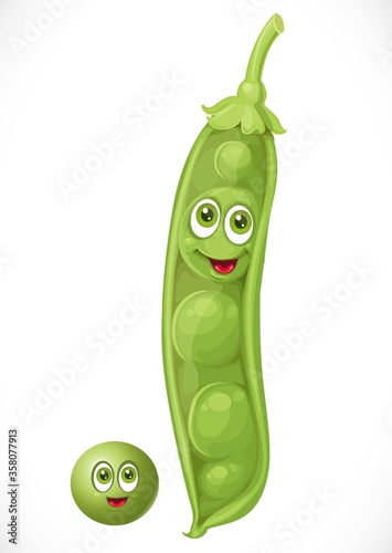 Cartoon smiling green peas in a pod and a pea alone isolated on white background