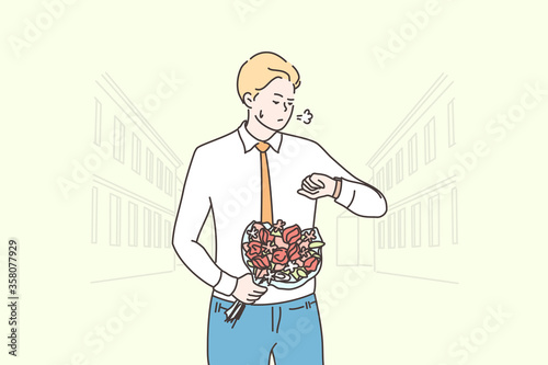 Romance, date, delay concept. Young unhappy man boyfriend character with flower bouquet waiting on street and checking time. Anxiety on getting late girlfriend or fail romantic meeting illustration.