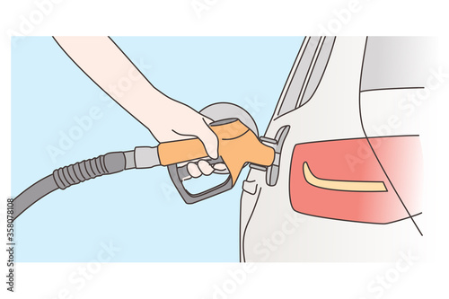 Economy, filling, petrol concept. Human hand refueling car on fuel station or pumping gasoline oil. Service fulfilling gas biodiesel into vehicle tank. Automotive industry transportation illustration.