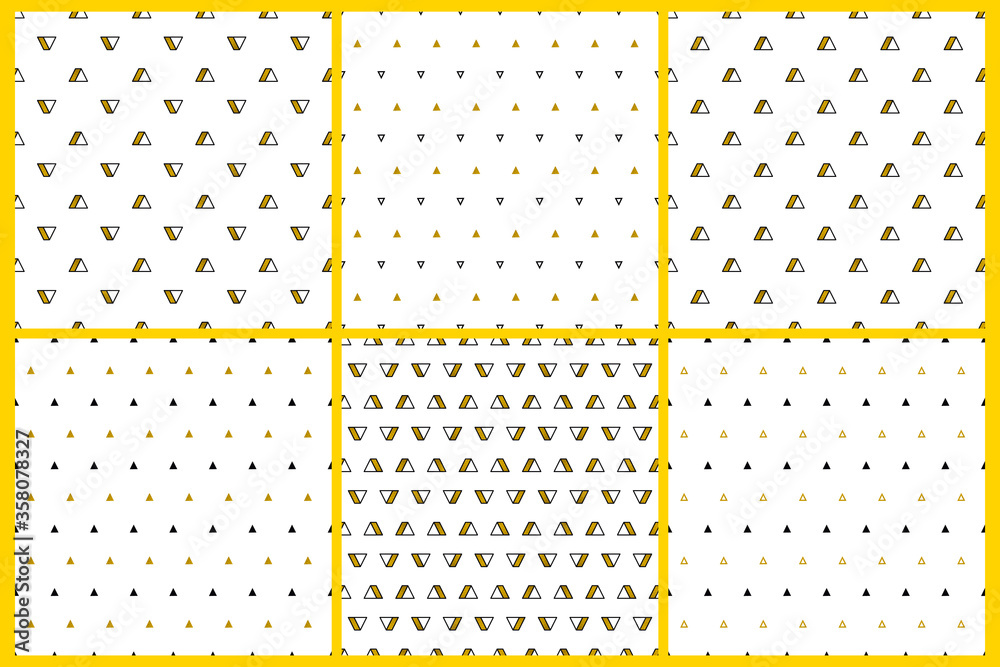 Gold triangles patterns set on white background. Abstract seamless repeating patterns. Minimal design with golden glittering geometric shapes. Vector illustration. Gold triangles patterns set on white background. Abstract seamless repeating patterns. Minimal design with golden glittering geometric shapes. Vector illustration.