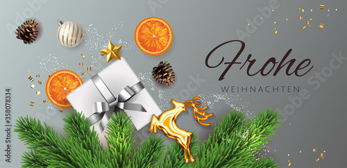 Gray Frohe Weihnachten translate Merry Christmas Holiday horisontal poster illustration with realistic vector 3d gift under the christmas tree top view, golden deer, and christmas elements. Vector.