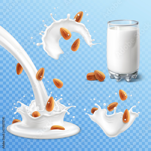 Almond milk set on transparent background