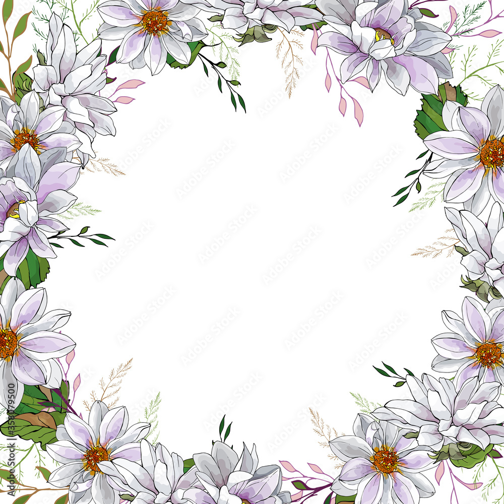 Floral frame of white flowers on white background. Dahlias and leaves. For your design, wedding stationary, fashion, invitation template, greeting card, saving the date card.Vector illustration.