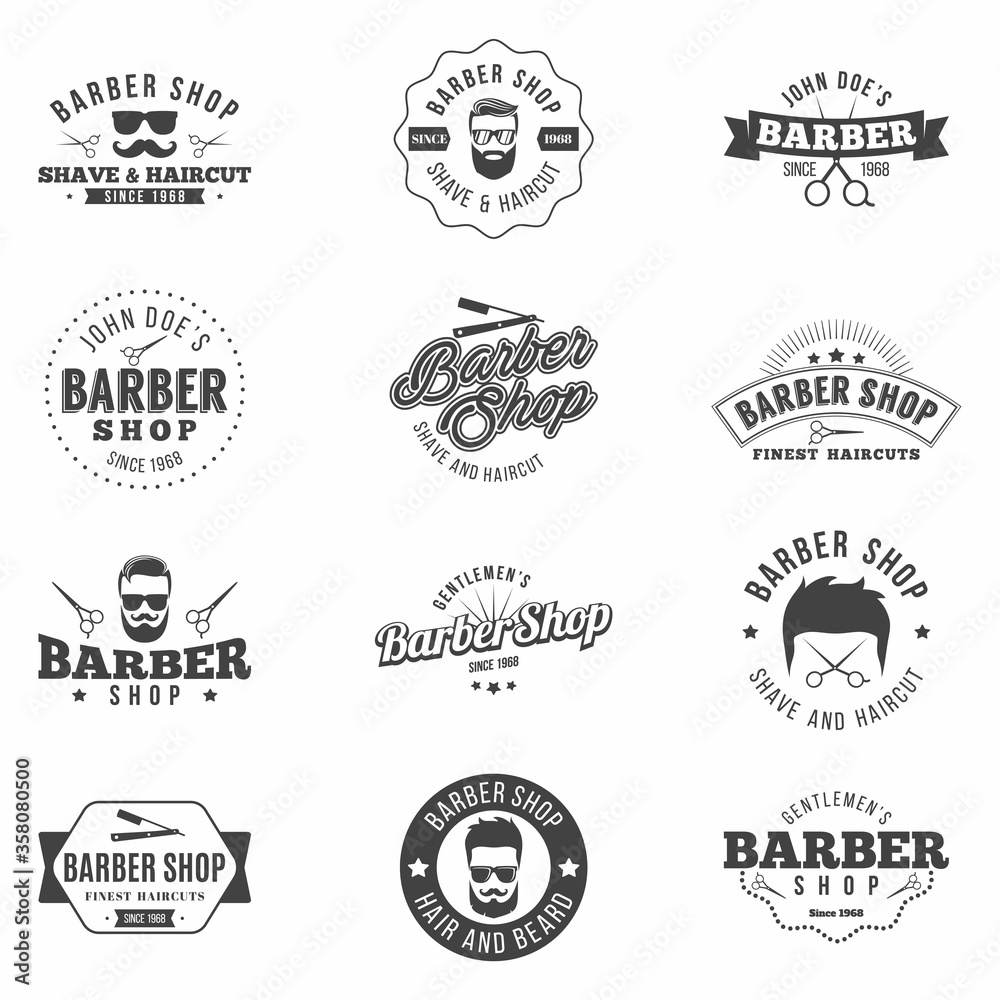Fototapeta premium Barber shop monochrome badges set. Retro style. Templates featuring with barber hipster popular symbols, professional equipment, design elements. Isolated. Vector.