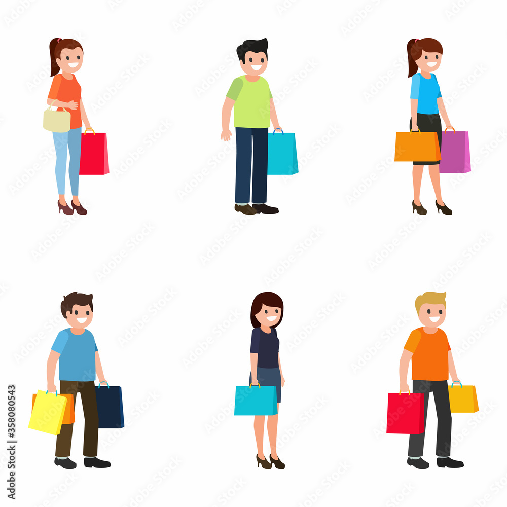 Customers icons set. Shoppers men and women with shopping bags on white background. Isolated. Vector. Customers icons set. Shoppers men and women with shopping bags on white background. Isolated. Vector.
