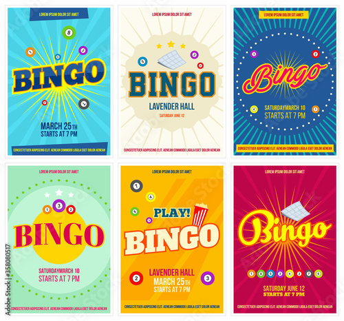 Bingo lottery posters set. Background game templates with balls for invitations, cards, ad and more. Retro. Vector photo