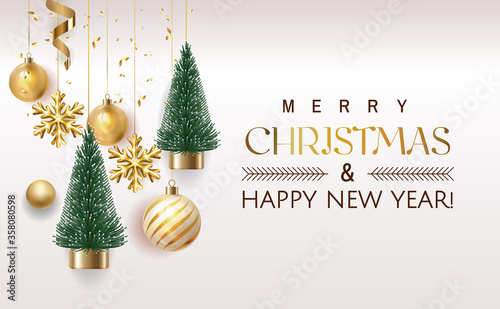 Merry Christmas and Happy New Year Holiday white banner illustration. Xmas design with realistic vector 3d objects, christmas tree, golden christmass ball, snowflake, glitter gold confetti photo