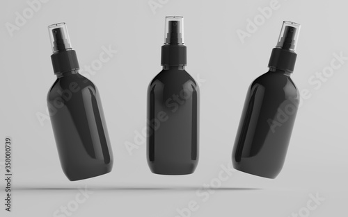 200ml Black Plastic Spray Bottle Mockup - Three Bottles. 3D Illustration photo