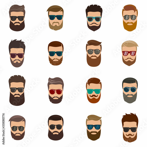 Colored hipsters faces set, vector illustration. With different beards, glasses, haircuts, mustaches. Vector illustration