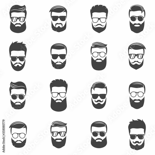 Monochrome black hipsters faces set, vector illustration. With different beards, glasses, haircuts, mustaches. Vector illustration