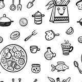 Cooking. Kitchenware and Food Vector Seamless Pattern. Background with Cartoon Hand Drawn Doodle Products and Kitchen Utensils