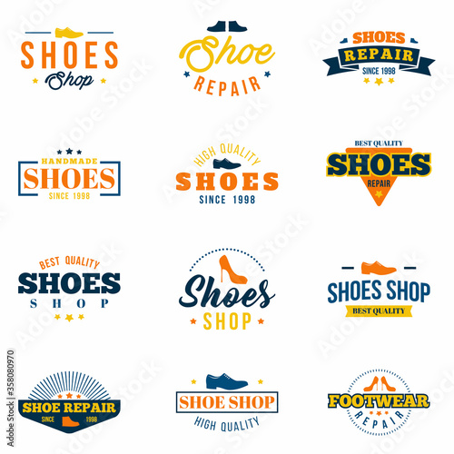 Shoes shop badges set. Colorful collection of various labels, logos for footwear stores, shop site  and shoes repair . Vector