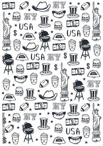 USA Hand draw doodle background. United States Of America popular symbols and elements. Vector illustration.