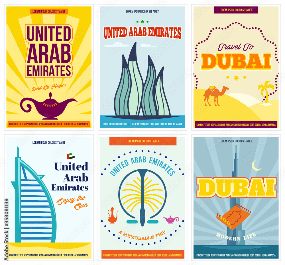 United Arab Emirates posters set with national design elements. Isolated. Vector.