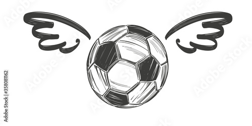 Fototapeta Naklejka Na Ścianę i Meble -  football, soccer ball with wings, icon sketch, cartoon hand drawn vector illustration