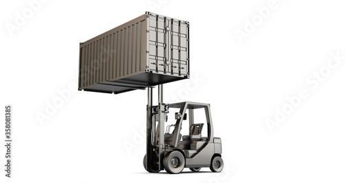golden forklift truck with container on pallet shot on white background