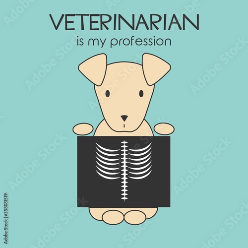 Vector flat line colored icon brown cartoon dog with veterinarian roentgen on blue background