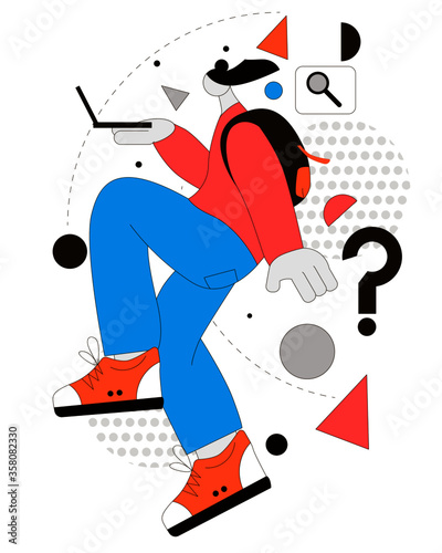 
A girl in a dynamic pose uses a laptop to make purchases and communicate. Modern flat illustration design. 