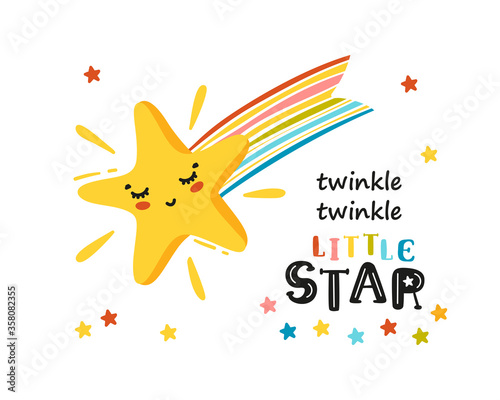 Twinkle Twinkle Little Star - Greeting Card for Kids. Yellow Shooting Star. Doodle Cute Kawaii Falling Stars. T-shirt Print, Poster for Nursery, Baby Shower, Holiday or Birthday Party Design