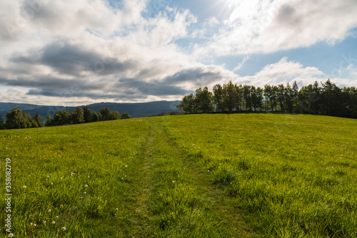 Springtime meadow with trees around, footpath, hills on the background and blue sky with clouds in Jeseniky mountains in Czech republic