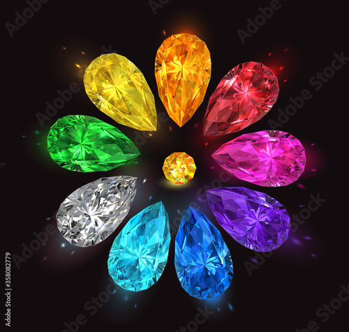 Set of multicolored precious stones in the form of drops on a black background. Vector illustration.