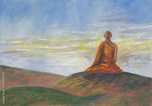 Acrylics painting of asian mountains  blue sunrise sky   meditating Buddhist monk in orange robe. Hand drawn oriental style landscape with layers of rocks. Concept for restore  meditation background.