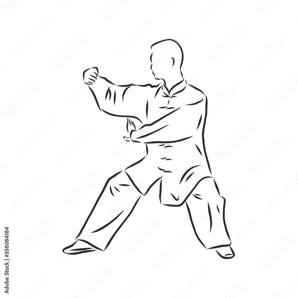 Fototapeta premium Kung fu Chinese. vector sketches in a simple contours. kung fu fighter, vector sketch illustration