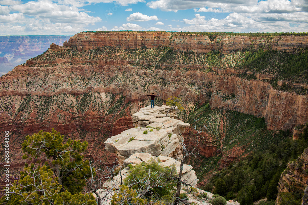 Ein Wanderer steht auf einem Fels-Plateau und genießt den Ausblick in den Grand Canyon, USA.