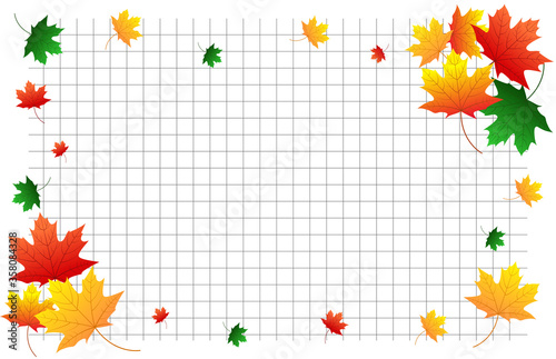 Horizontal school background copybook with autumn maple leaves of red, green, orange, yellow. Suitable for school theme, diploma, banner, poster.