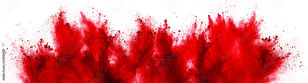 bright red holi paint color powder festival explosion isolated white background. industrial print concept background - obrazy, fototapety, plakaty 