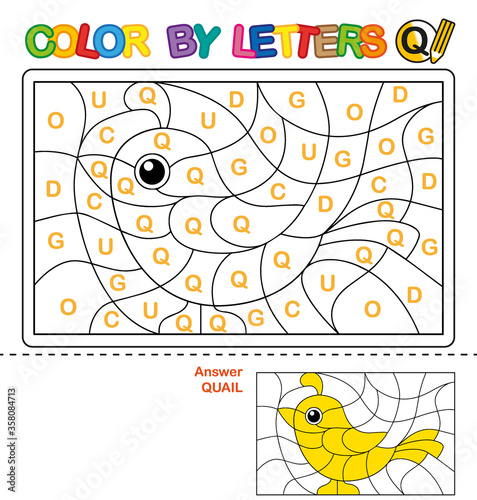 ABC Coloring Book for children. Color by letters. Learning the capital letters of the alphabet. Puzzle for children. Letter Q. Quail