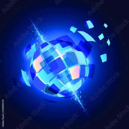 Exploding ball with 360 degrees flying parts, pieces on blue background. Vector image for infogravics and projects