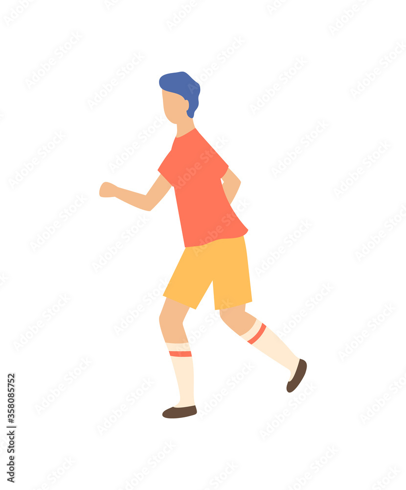 Sportive boy runner isolated cartoon person side view. Vector jogging guy, running jogger in sport cloth t-shirt and shorts, people on walk in flat style