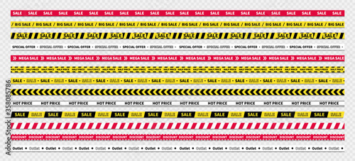 Discount and sale, set of vector tapes, ribbons. Red and yellow Discount tapes. Caution tape with sale, discount, mega and Big sale, special offer, written on it. Discount tapes