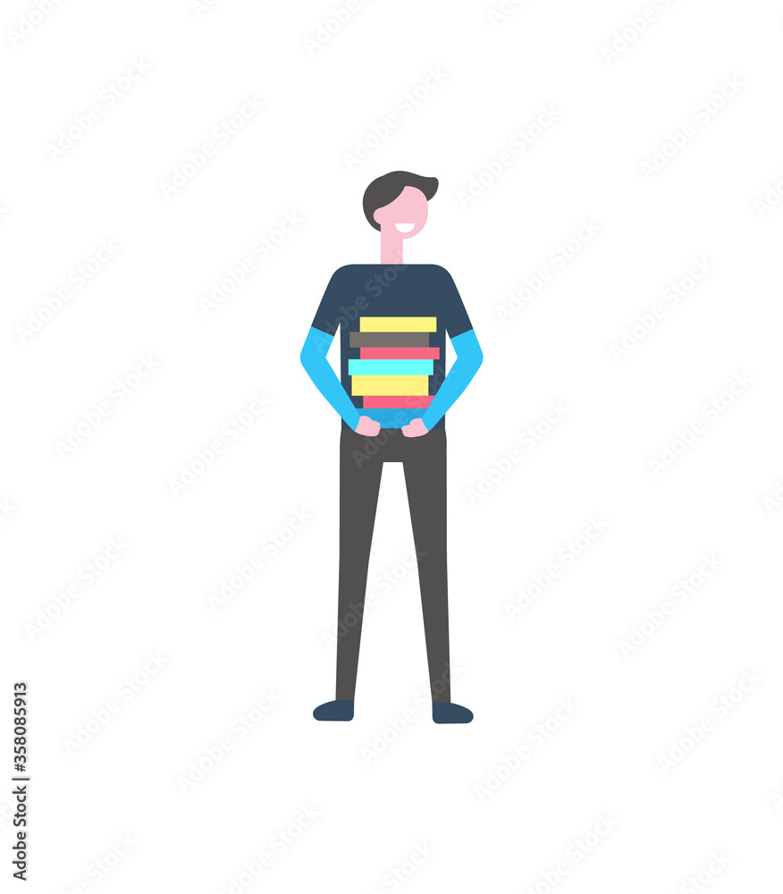 Male student standing with pile of books, vector isolated cartoon person. College learner, teenager in sweater and trousers with heap of textbooks in hands Male student standing with pile of books, vector isolated cartoon person. College learner, teenager in sweater and trousers with heap of textbooks in hands