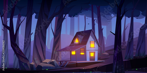 Wooden stilt house in night forest. Old shack with glow windows and terrace stand on piles in deep wood with fireflies around. Witch hut on fantasy game, mystic background, Cartoon vector illustration